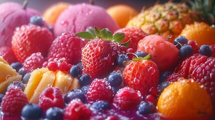 There are a variety of tropical fruits and mixed berries in this image, topped with syrup and juice. Watermelon, banana, pineapple, strawberry, orange, mango, blueberry, cherry, raspberry, papaya. A