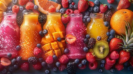 There are a variety of tropical fruits and mixed berries in this image, topped with syrup and juice. Watermelon, banana, pineapple, strawberry, orange, mango, blueberry, cherry, raspberry, papaya. A - obrazy, fototapety, plakaty