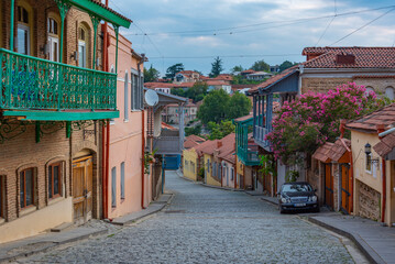 Fototapeta premium Sunset view of a historical street at Sighnaghi, georgia