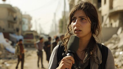 A journalist reporting on the air strikes, her voice filled with emotion. She is trying to tell the world about the devastation, and she is hoping to raise awareness.