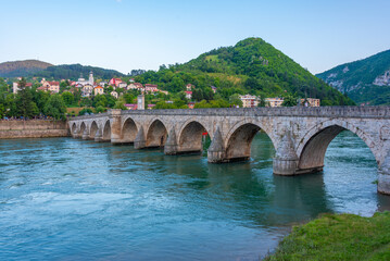 Fototapeta na wymiar Sunrise view of Mehmed Pasa Sokolovic Bridge in Visegrad, Bosnia and Herzegovina