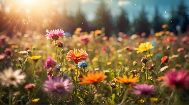 Colorful flower meadow with sunbeams and bokeh lights in summer.generative.ai