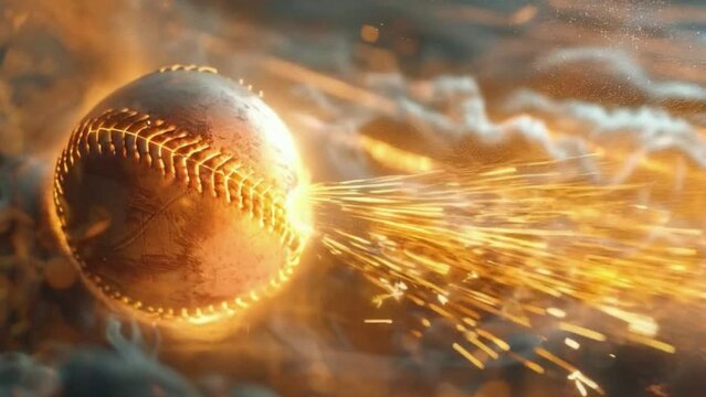 A baseball is in the air with a lot of sparks around it 4K motion