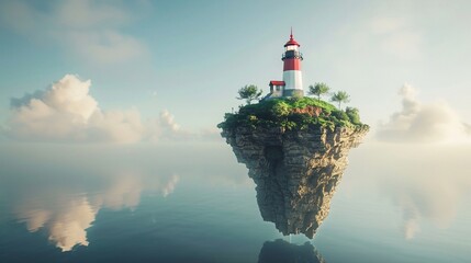 Pinpointed floating island, lighthouse as a beacon, digital map spot, travelers guide , clean sharp focus