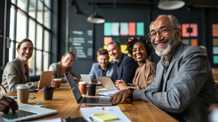 A group of diverse businesspeople sitting around a conference table, smiling and talking to each other. The table is filled with laptops, papers, and coffee cups