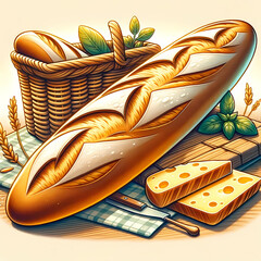 フランスパンのイラスト。テーブルにフランスパンとチーズが置かれている