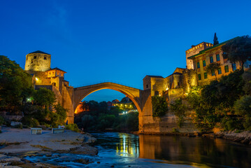 Sunset view of the old Mostar bridge in Bosnia and Herzegovina
