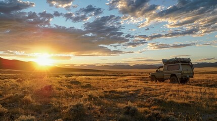 The sun is setting behind the truck casting a warm g  AI generated illustration
