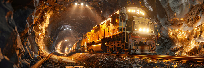 Underground mining tunnel with rails coal extraction industry, A massive truck plows through a tunnel obstructed with rocks on its way to its destination underground mining tunne, An underground city, - obrazy, fototapety, plakaty