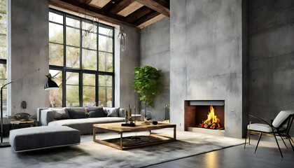 モダンなリビング ルーム。おしゃれなインテリアデザイン。コンクリート壁と暖炉。Modern living room. Stylish interior design. Concrete walls and fireplace.
