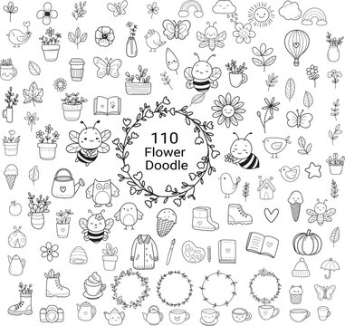 Flower leaf animal big set, doodle hand drawn outline style, for printing,card, wedding,love, t shirt,banner,product.vector illustration