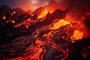lava flowing from a volcano, the molten orange and red hues illuminating the dark surroundings, showcasing the intense heat and destructive force of nature