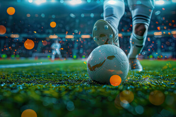Close-up of boot kicking soccer ball in a large stadium at night. Generative AI. - Powered by Adobe