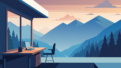 Fototapeta premium Nestled in a mountainous landscape this home office is blessed with a stunning view of the misty peaks and deep valleys. The peaceful