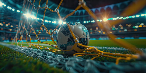 Close-up of soccer ball in goal in a large stadium at night. Generative AI. - obrazy, fototapety, plakaty