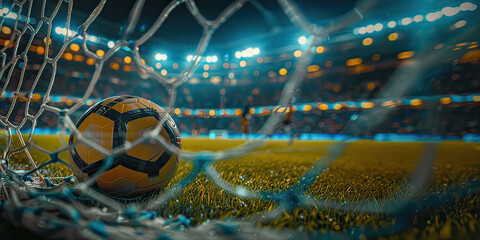 Close-up of soccer ball in goal in a large stadium at night. Generative AI.