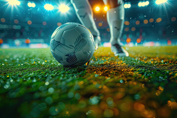 Close-up of boot kicking soccer ball in a large stadium at night. Generative AI.