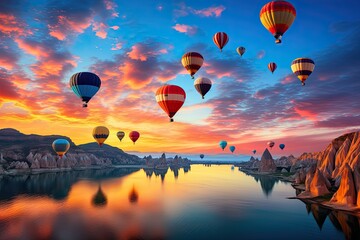 hot air balloons drifting through the sky during a vibrant sunrise, the colorful balloons creating a stunning contrast against the morning hues