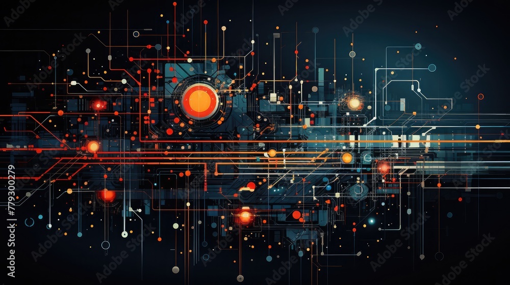 Poster technology futuristic background, with circuits, lines, and interconnected nodes, creating a visual 