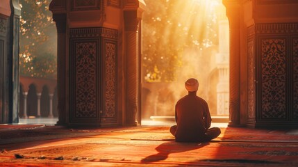 Man praying at sunset in peaceful atmosphere