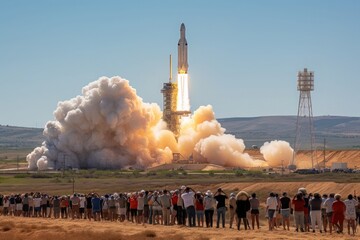 rocket launching from spaceport during the day, flames and smoke engulfing the launchpad, engineers and spectators watching in awe, capturing the power and excitement of space exploration