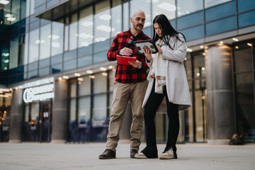 Two entrepreneurs engrossed in a business meeting outdoors with a digital tablet, in front of an...