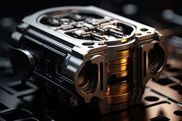 3D-rendered engine piston, with reflections, and mechanical precision, creating a lifelike...