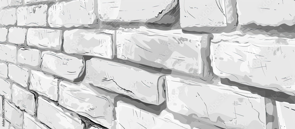 Poster a monochrome drawing of a rectangular grey brick wall, showcasing the intricate pattern of the build