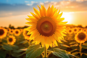 sunflower background in a vast field, with golden blooms reaching towards the sun, bathed in warm sunlight