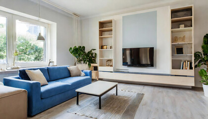 modern living room. TV unit. A stylish sofa.