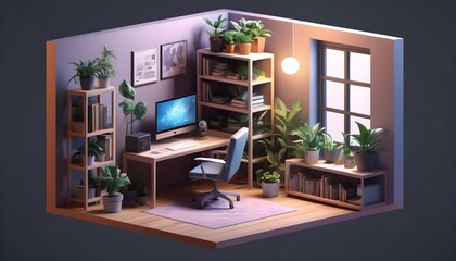 cube cutout of an isometric programmer bedroom with a gaming pc, windows, plants bookshelves, desk, 3d art, muted colors, soft lighting, high detail, concept art, behance, ray tracing