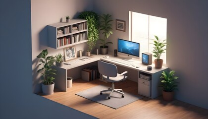 Fototapeta na wymiar cube cutout of an isometric programmer bedroom with a gaming pc, windows, plants bookshelves, desk, 3d art, muted colors, soft lighting, high detail, concept art, behance, ray tracing