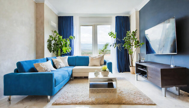 modern living room. TV unit. A stylish sofa.