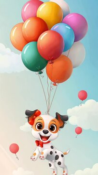  Puppy carried by colorful balloons, an adorable and whimsical image for children.