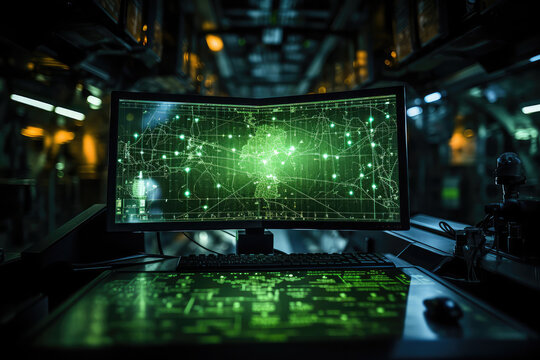 radar screen in a military command center, green blips representing incoming aircraft or vessels, the glow of the screen reflecting on the operator's face, emphasizing the urgency - Powered by Adobe