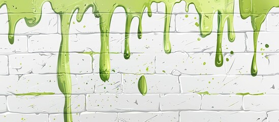 A pattern of green paint is dripping down a white brick wall, resembling a rectangular art piece created by natures own organism, a terrestrial plant - obrazy, fototapety, plakaty