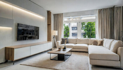 モダンなリビングルーム。テレビユニット。おしゃれなソファ。