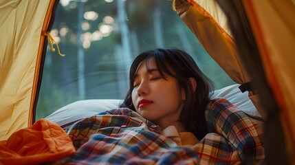 Fototapeta premium テントの中で眠る女性