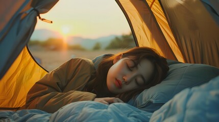 テントの中で眠る女性