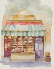 Watercolor of old typical european delicatessen store from de 70’s. Generative Ai
