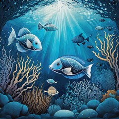 Cute fishes under the bluish sea - obrazy, fototapety, plakaty