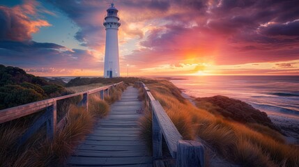 A lighthouse on the coast during dramatic sunset light and glow, with wooden boardwalks leading up to it, sunset lighting,  - obrazy, fototapety, plakaty