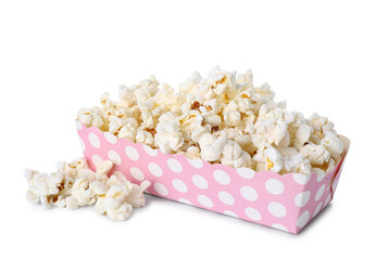 Box with tasty popcorn on white background