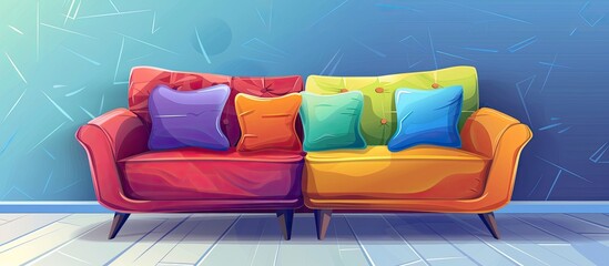 A vibrant, colorful couch with rainbow pillows creates a cozy and inviting atmosphere in a living room. The furniture adds personality and comfort to the interior design