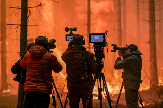 Journalists documenting a devastating forest fire, capturing the urgent narrative of natural disasters and their impacts on the environment.
