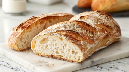 Fototapeta premium Fresh Artisan Sourdough Loaf on Marble Cutting Board in Bright Kitchen Setting for Gourmet Baking Concepts