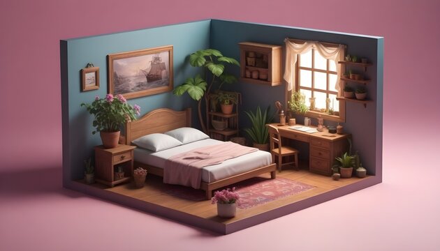 Cube cutout of an isometric room 3d art, soft lighting, high detail, concept art, behance, ray tracing, with jack sparrow inside, flowers inside