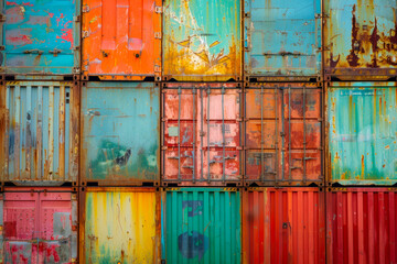 Stacked colorful shipping containers showing signs of wear and tear, illustrating global trade and the concept of reusability.