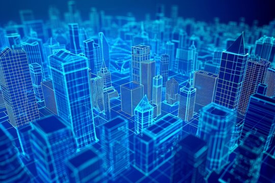 digital illustration of a digital city with glowing neon lines and holographic effects