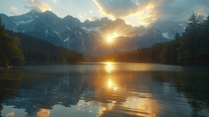 The impressive summer sunrise over Eibsee lake is a testament to the sunny outdoor scene in the German Alps. - obrazy, fototapety, plakaty